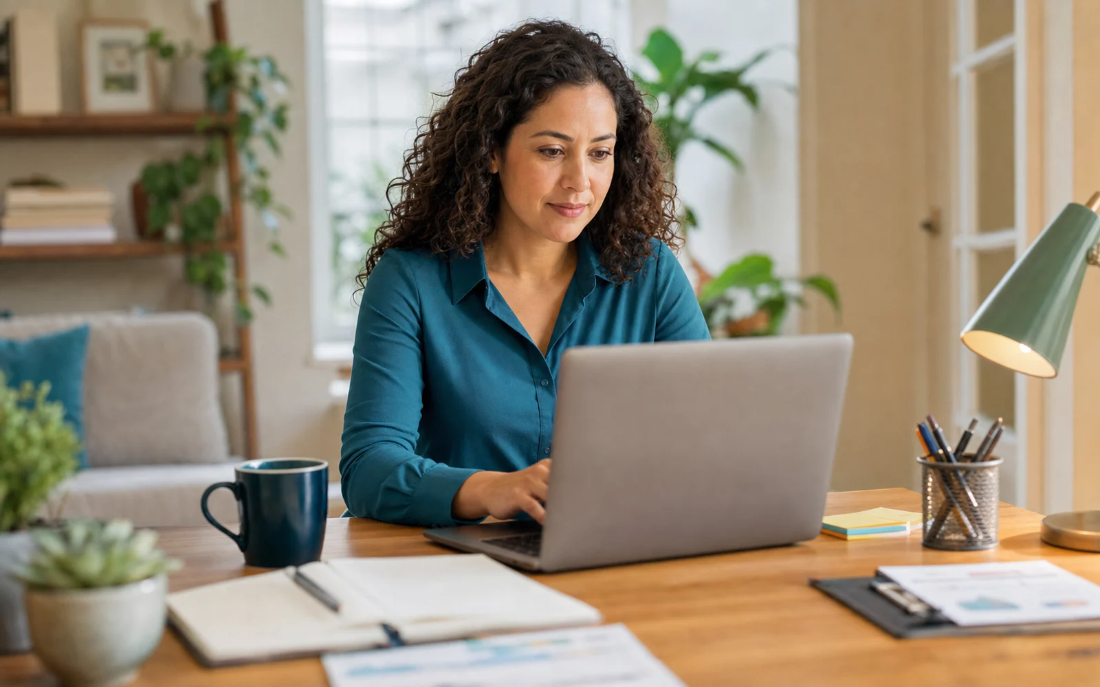 Professional working remotely from a bright home office